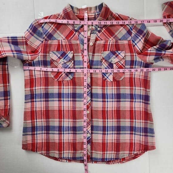 Levis Flannel Shirt Plaid Cotton Red White Blue Button Front Top Blouse Size M - Picture 7 of 16